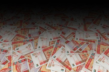 Che Guevara monument on cuban banknote of orange three pesos convertibles 2016