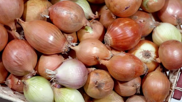 Obraz z ruchomej kamery cebuli w koszyku na białym 