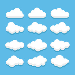 Set of white clouds on blue background. Cloud symbols collection for your design. Vector illustration.