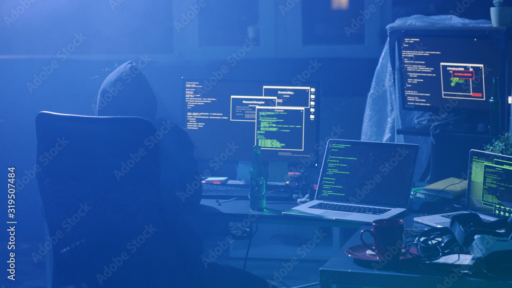 Poster lviv, ukraine - 9 june, 2019: concentrated programmer writing codes and typing data code technology 