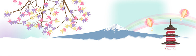 Plakat Panorama view of Fuji mountain, landmarks of japan. Autumn season. For banner, travel postcard, poster. Vector illustration