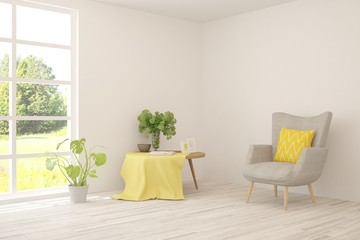 Mock up of stylish room in white color with armchair and green landscape in window. Scandinavian interior design. 3D illustration