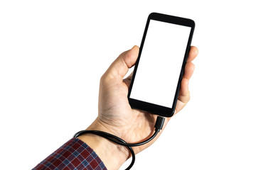 Phone charging cable tangled around the hand isoalted