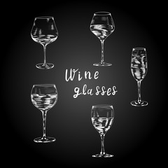 Wine , champagne chalk glasses , lettering isolated set on black background. Concept for ards, menu, banner 