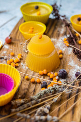 Homemade marmalade, agar dessert with fruity juice and berries. Vegan healthy sweet food.