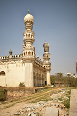 Fototapeta na wymiar Minaret at the Great Mosque at the tombs of the seven Qutub Shahi rulers in the Ibrahim Bagh India