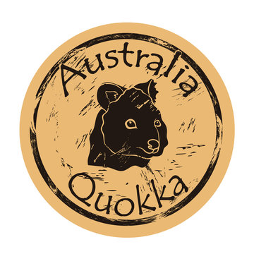 Quokka Head Silhouette Icon Vector Round Shabby Emblem Design, Old Retro Style. Scrub Wallaby Or Short Tail Kangaroo Logo Mail Stamp On Craft Paper. Shape Quokka Vintage Grunge Sign. 