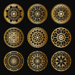 Gold mandalas on black background. Abstract luxury decor. Islam, Arabic, Pakistan, Moroccan, Turkish, Indian, Spain motifs. Can be used for textile, invitations, banners.