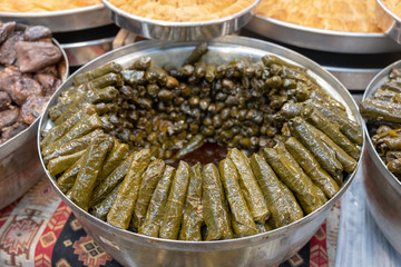Stuffed grape leaves filled with rice or meat stuffing