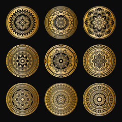 Gold mandalas on black background. Abstract luxury decor. Islam, Arabic, Pakistan, Moroccan, Turkish, Indian, Spain motifs. Can be used for textile, invitations, banners.