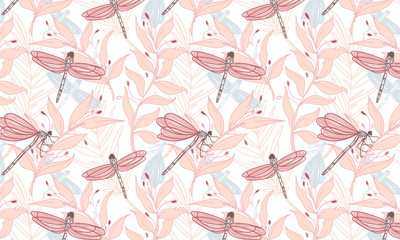 Dragonflies on a background of plants.  Drawing in pastel colors.  Pattern for textile, interior, clothing.