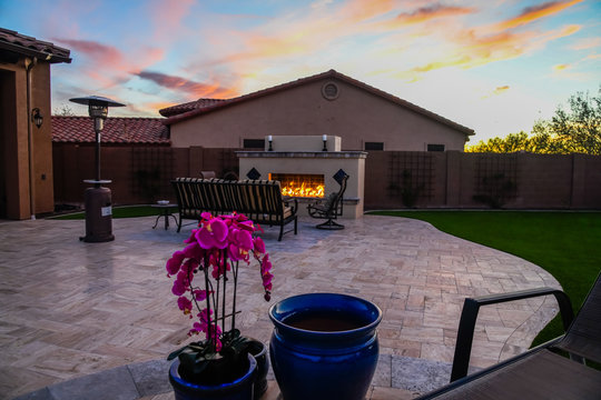 Outdoor Fireplace On A Desert Winter.