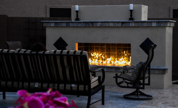 Outdoor Fireplace On A Desert Winter.