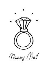 A ring with a diamond. Black and white hand-drawn doodle isolated illustration. Vector 10 EPS.