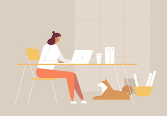 A business young woman working in a office with dog. Vector illustration, trendy style, flat design 