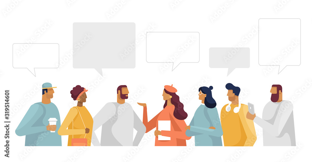 Wall mural Many people chatting with speech bubbles. Set of young men and women character. Design template for your banner or poster. Place for your text. Vector illustration in flat design, isolated