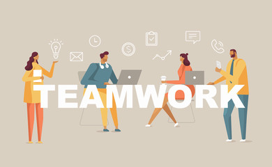Inscription teamwork and people around it. Vector illustration in flat design style with set of business line icon. Design template for your business concept project. Idea for your poster or banner  