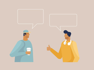 Two male character chatting with speech bubbles. People talk to each other. Design template for your banner, poster, card. Place for your text. Vector illustration in flat design style, isolated