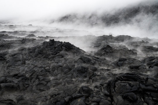 Steam emitting from Rift Zone of lava field