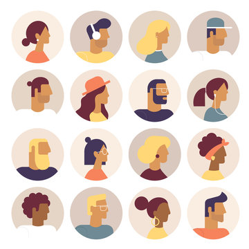 Super set of profile photos in flat design style. Cool avatars icons. Positive male and female people with different hairstyle, faces nationalities. Bright vector illustrations of interface elements. 