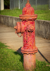A red, rusted fire hydrant by a sidewalk.