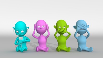 3D characters represent the wise monkeys who do not hear, do not see and do not listen plus a fourth one with his smartphone