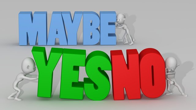 3d white characters with great effort try to push a YES and NO text in opposite directions neutralizing each other while two others pass easily pushing a text of maybe