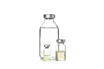 Bottle of vaccine isolated on white background. Coronavirus protection