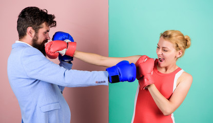 boxing couple. Strength and power. family couple boxing gloves. bearded man hipster fighting with woman. problems in relationship. sport. knockout punching. who is right. win the fight