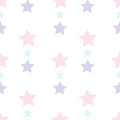 Seamless pattern with pastel pink, violet and blue stars on white background for plaid, fabric, textile, clothes, cards, post cards, scrapbooking paper, tablecloth and other things. Vector image.