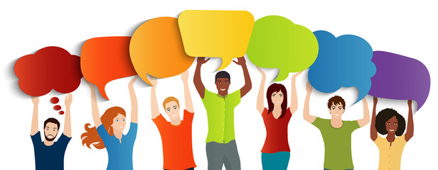Communication dialogue group of diverse multiethnic people holding speech bubble.Social network.Communicating talking sharing ideas and thoughts.Socializing and informing. Speak. Information sharing