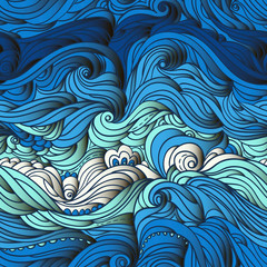 Seamless marine pattern. Abstract water background with curly hand-drawn lines. Blue waves and tides vector backdrop. Sea and ocean theme. Eps 10