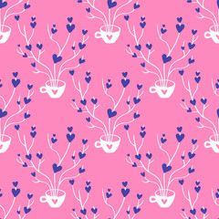 Pink Seamless Pattern for Valentines Day design. Branches with hearts come out of a cup. Hand drawn love and romance theme background. Elegant vector illustration.