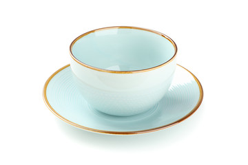 Blue clean plate and bowl isolated on white background. Kitchen, serving