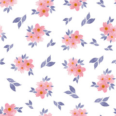 Fototapeta na wymiar seamless floral background with pink flowers, soft pink flowers and blue indigo leaves isolated on white