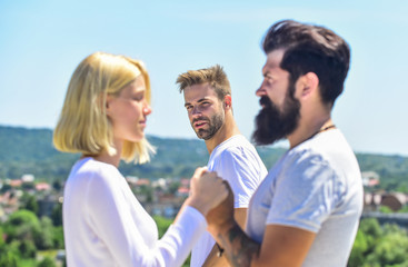 Obraz premium Couple in love and passersby man. Happy relations. Strong feelings. Confident in her choice. True love. Love date concept. Lovely couple holding hands. Forever together. Lucky you. Happy for you