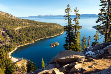 Looking down on Emerald Bay from the Bay View Trail on a beautiful day in Lake Tahoe, California.