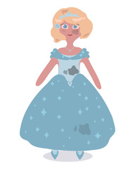 Fototapeta premium Vector beautiful cute princess doll in a blue dress with spots of gray ash and dirt on the skirt and on the face illustration.