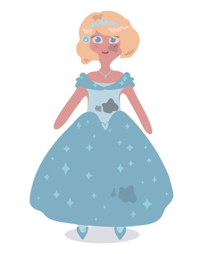 Vector beautiful cute princess doll in a blue dress with spots of gray ash and dirt on the skirt and on the face illustration.