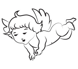 Little angel with wings. Putti. Linear graphic image. Vector illustration