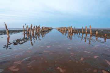 The old wooden logs with salt stacked in the form of a gate removed in perspective in extra pink water of salty lake