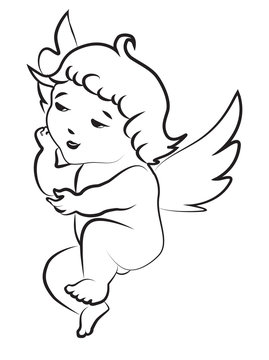 Little angel with wings. Putti. Linear graphic image. Vector illustration