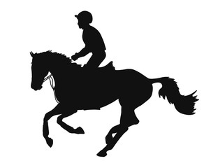 Equestrian eventing. Athlete and his horse during a cross-country race, silhouette
