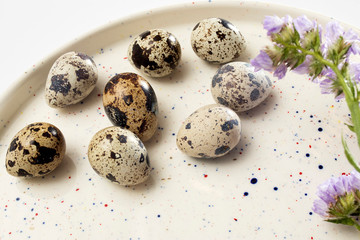 Obraz premium Quail eggs on a white dish. Easter card.