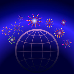 Colorful, festive fireworks around the globe. Vector