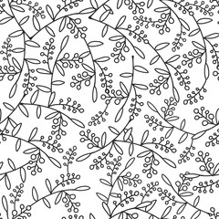 Nature illustration. Natural materials. Forest , leaves, branches. Black and white seamless pattern.