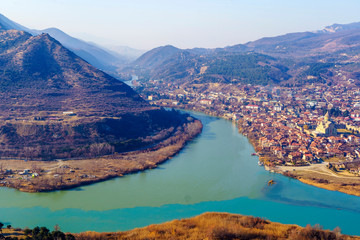 Georgia, Mtskheta, the confluence of the Kura and Aragvi rivers, a muddy and clear river. The view...