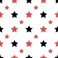 Seamless pattern with black and red stars on white background for plaid, fabric, textile, clothes, cards, post cards, scrapbooking paper, tablecloth and other things. Vector image.