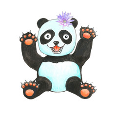 Bright illustration happy panda with flower. Cute funny baby panda.
