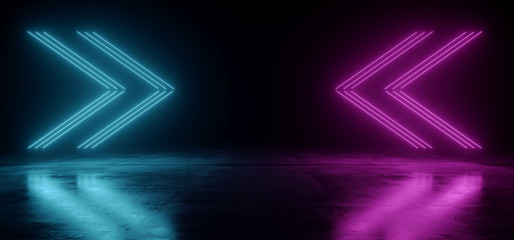 Arrow Pointers Neon Glowing Sci Fi Futuristic Vibrant Cyber Purple Blue Pantone Laser Beams Shaped Dark Garage Underground Stage Club 3D Rendering